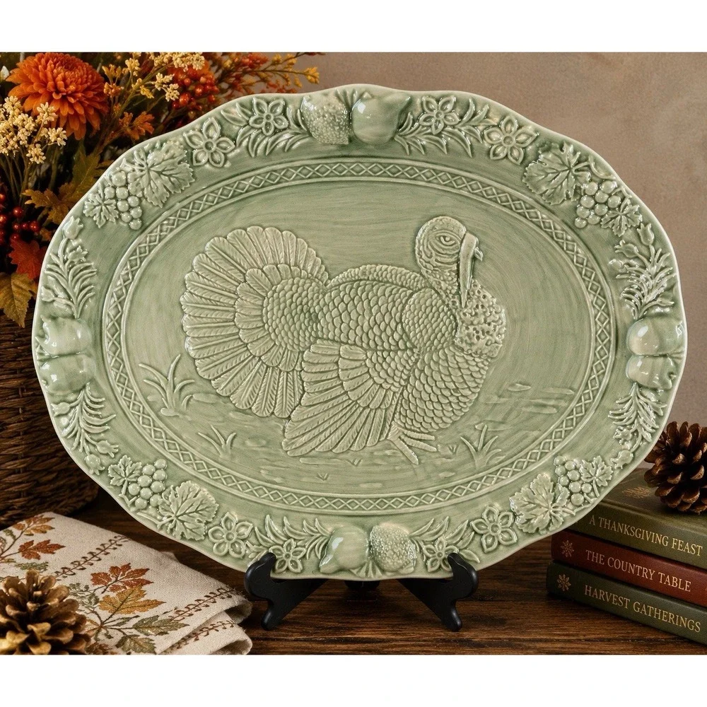 Turkey Embossed Oval Serving Platter Sage Green Portugal 19